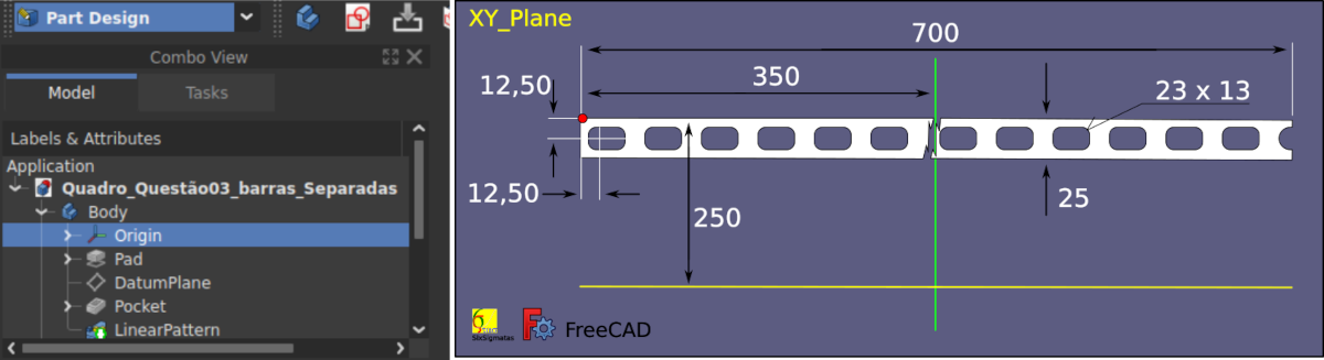 FreeCAD – Construção do modelo da barra horizontal superior