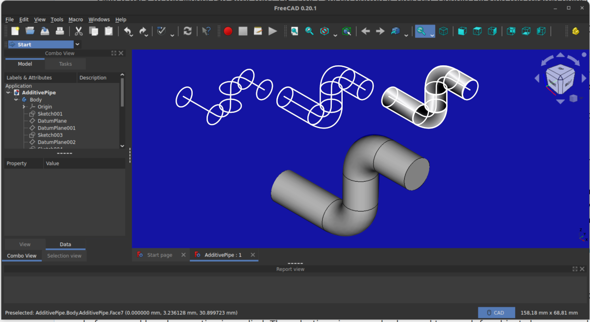 Tela do FreeCAD mostrando o desenvolvimento de sólidos por extrusão ao longo de um caminho.