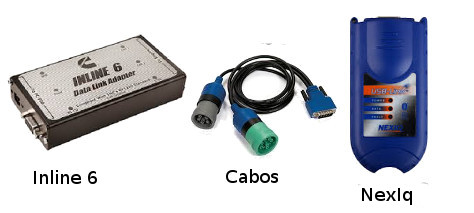 Adaptadores de comunicação existentes no mercado brasileiro: Inline 6 (Cummins), NexIq (SnapOn) e cabo de conexão Deutsch 9 e 6 pinos